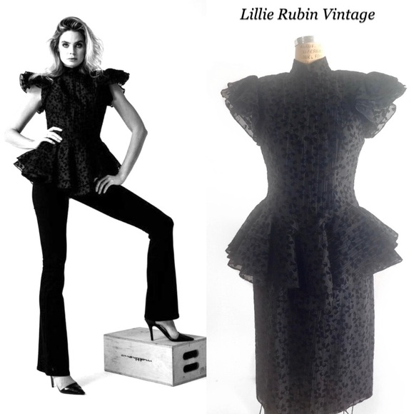 Vintage Dresses & Skirts - Vintage Lilli Rubin Flocked Bow Peplum Top Skirt Dress Set, Gothic Fairy